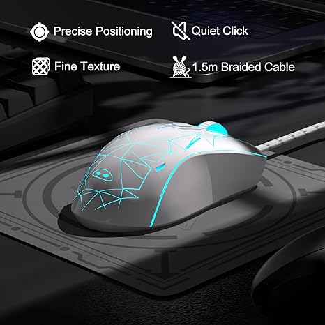 MageGee G6 Wired Gaming Mouse, Ergonomic USB Optical Mouse with 7 Colors Breathing LED Backlit, 6 Adjustable Speed Levels from 600 to 3200 for Laptop PC Computer Games & Work, White