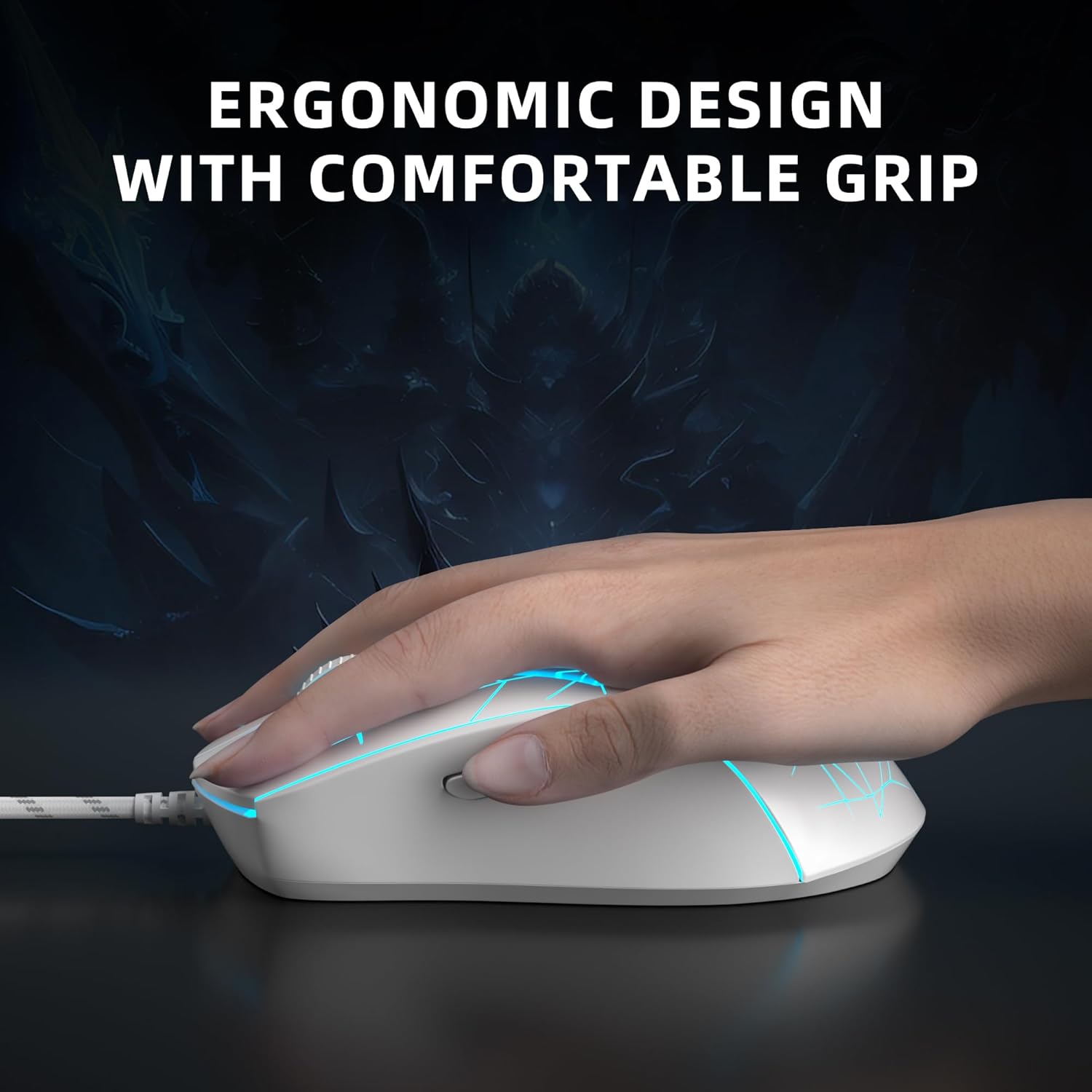 MageGee G6 Wired Gaming Mouse, Ergonomic USB Optical Mouse with 7 Colors Breathing LED Backlit, 6 Adjustable Speed Levels from 600 to 3200 for Laptop PC Computer Games & Work, White