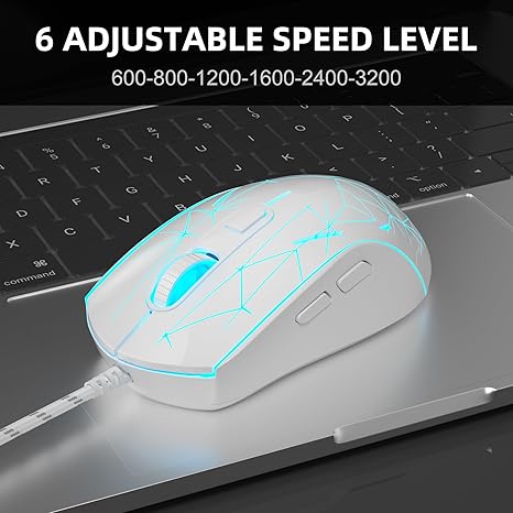 MageGee G6 Wired Gaming Mouse, Ergonomic USB Optical Mouse with 7 Colors Breathing LED Backlit, 6 Adjustable Speed Levels from 600 to 3200 for Laptop PC Computer Games & Work, White