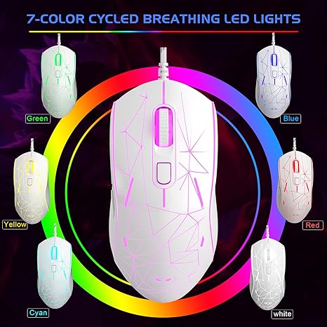 MageGee G6 Wired Gaming Mouse, Ergonomic USB Optical Mouse with 7 Colors Breathing LED Backlit, 6 Adjustable Speed Levels from 600 to 3200 for Laptop PC Computer Games & Work, White