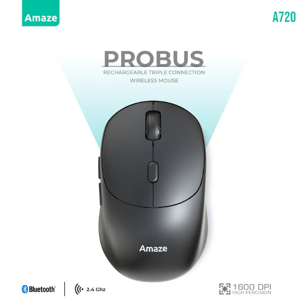 Probus A720 Triple Connection Rechargeable Wireless Mouse – Bluetooth, 2.4GHz USB & Type-C