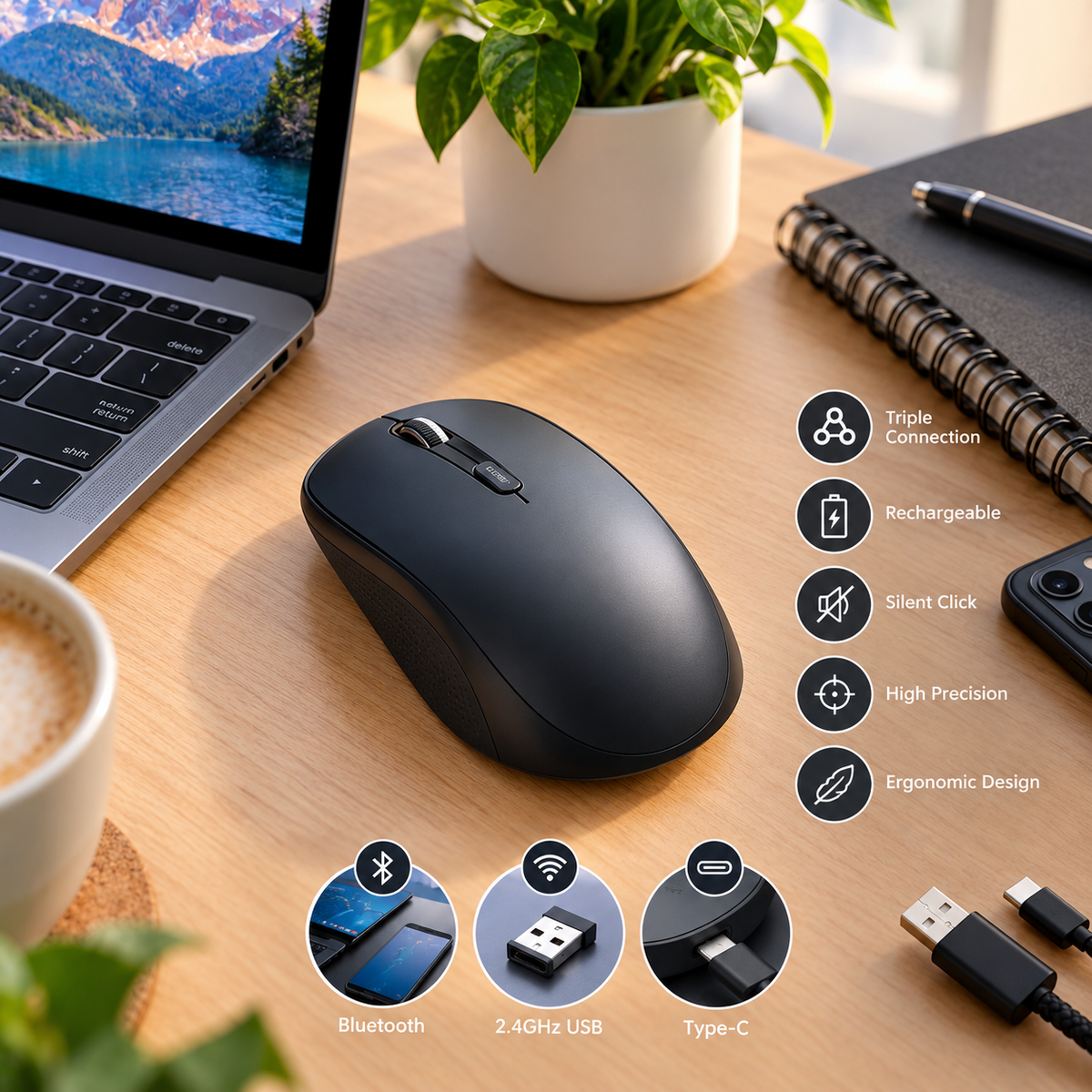 Probus A720 Triple Connection Rechargeable Wireless Mouse – Bluetooth, 2.4GHz USB & Type-C